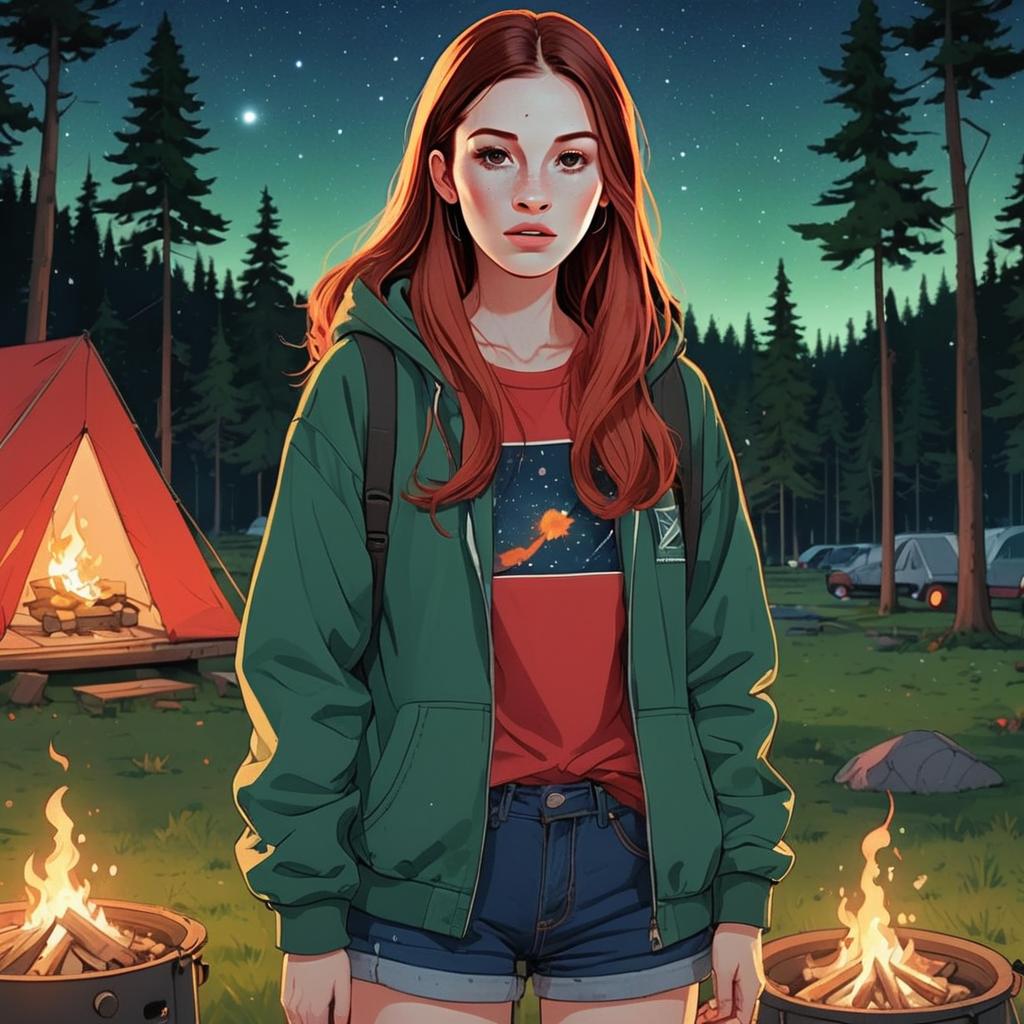 Young Woman at Night Campfire in Forest Young Woman at Night Campfire in Forest
