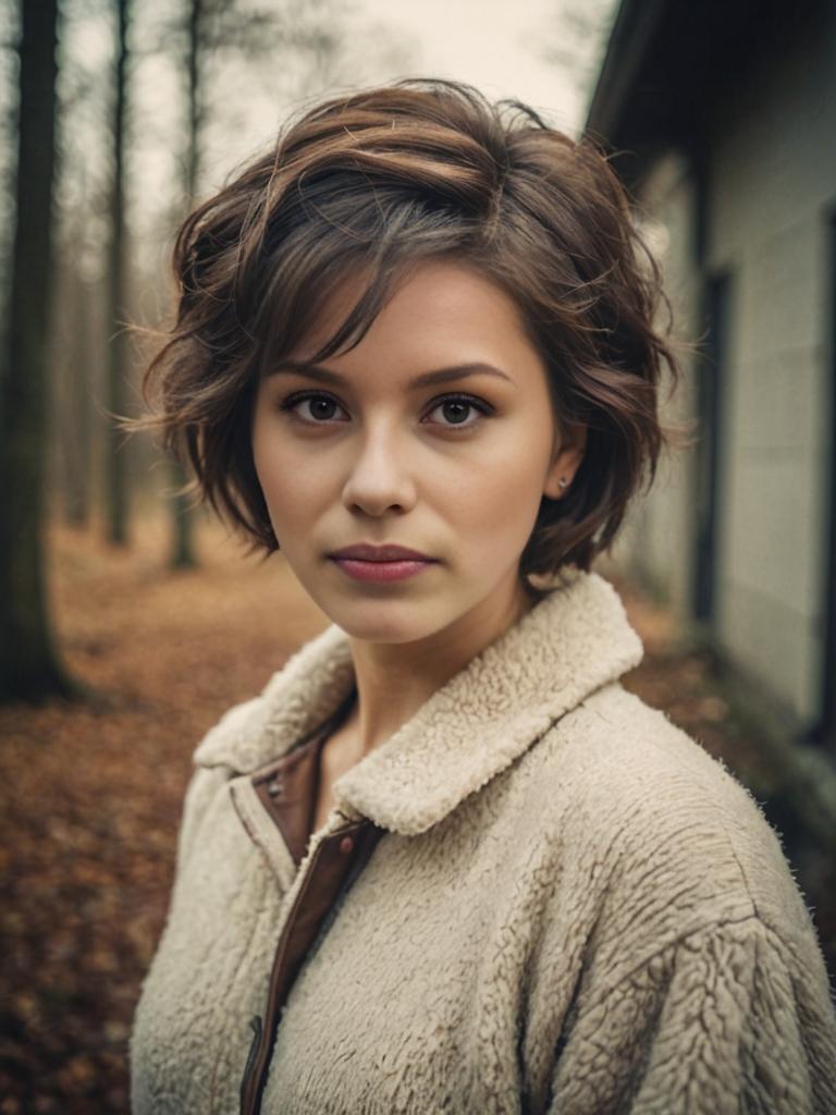 Portrait of Woman with Trendy Wolf Cut Hairstyle in Outdoor Setting