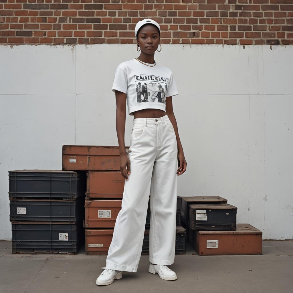 Stylish Woman in White Crop Top and Wide-Leg Pants Casual Urban Fashion