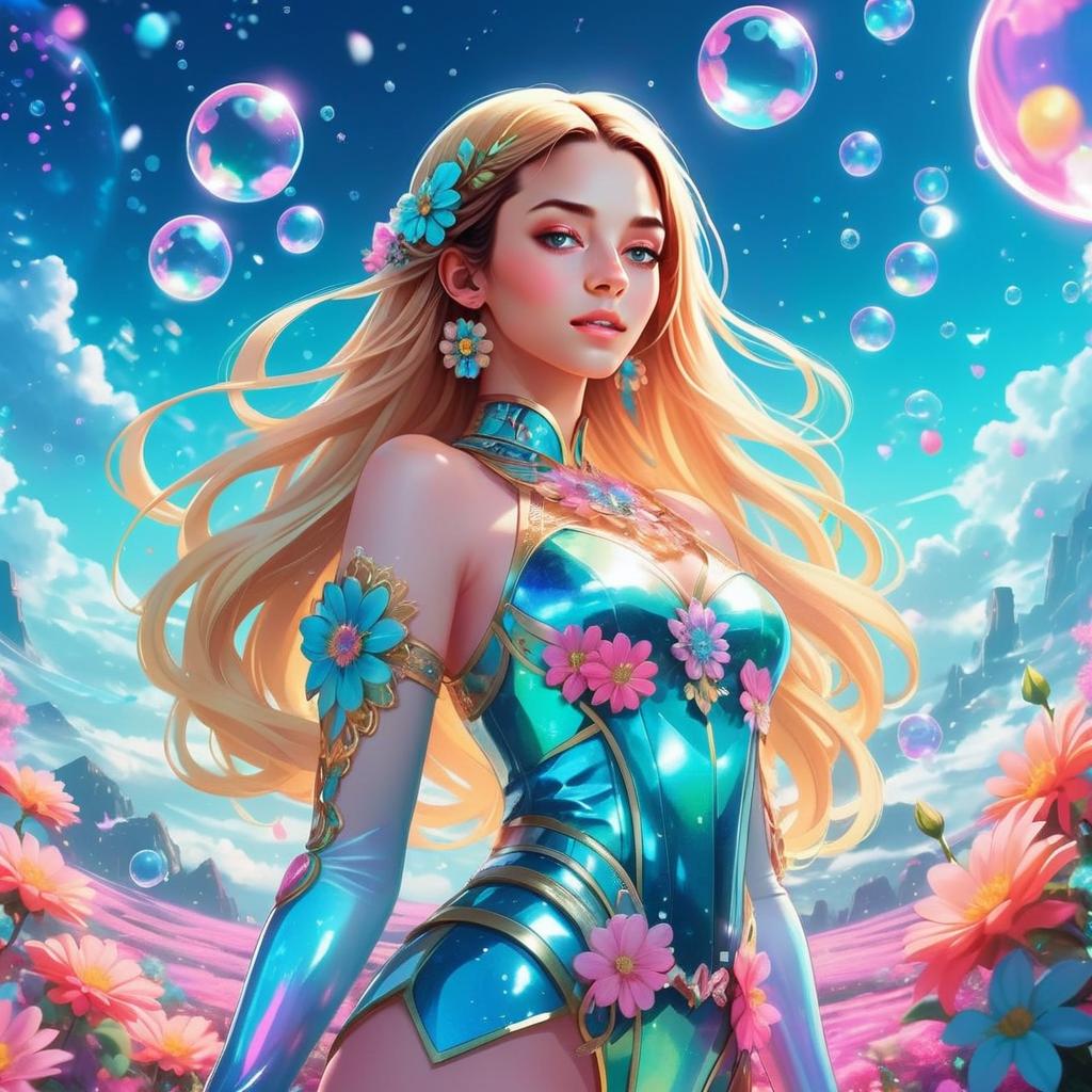 Fantasy Woman in Shimmering Armor with Flowers and Bubbles Digital Art