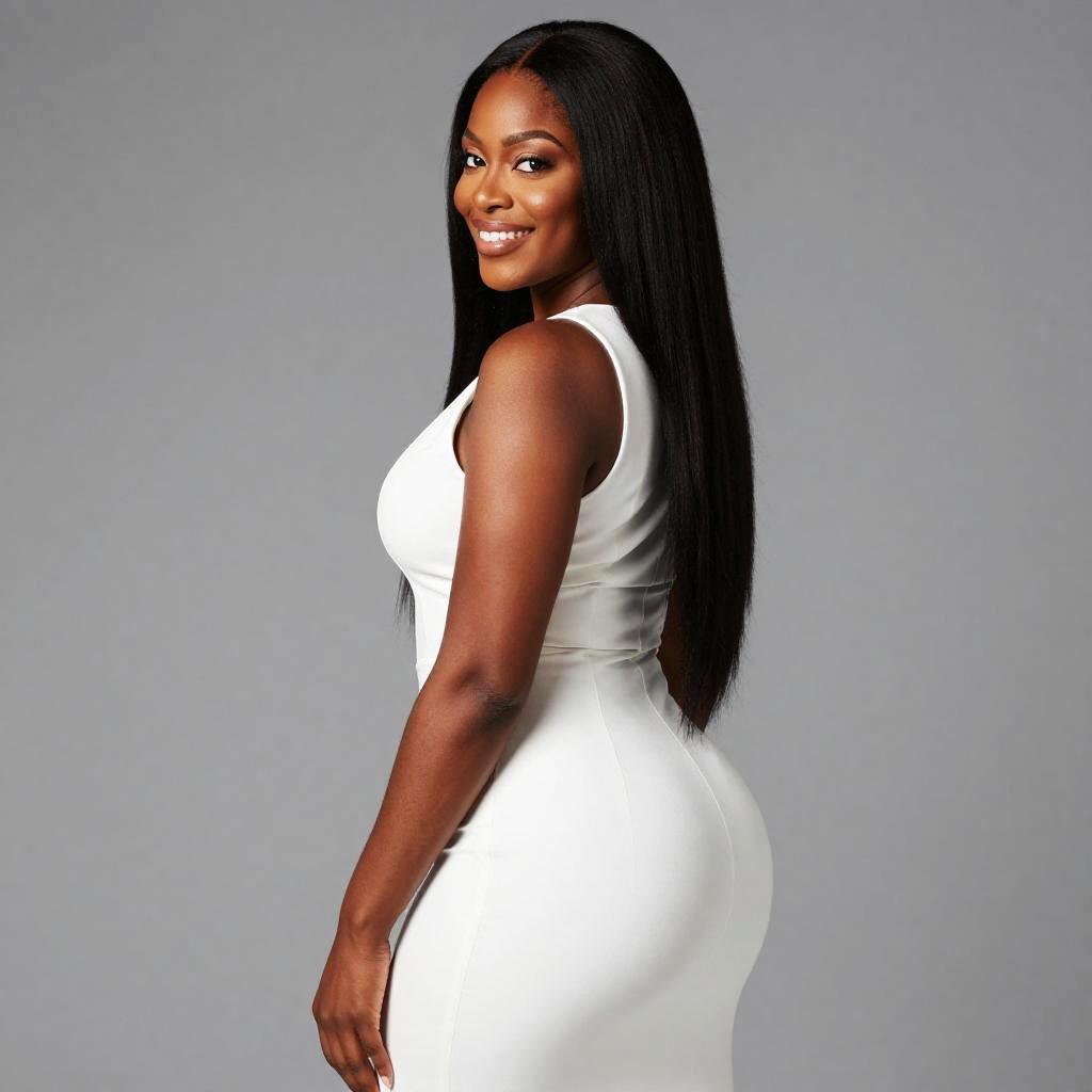 Confident Young Woman in Elegant White Dress Posing Against Gray Background