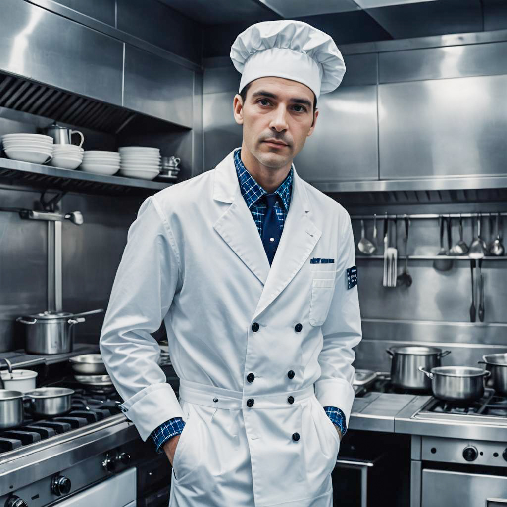 Professional Male Chef in Modern Commercial Kitchen Wearing White Uniform