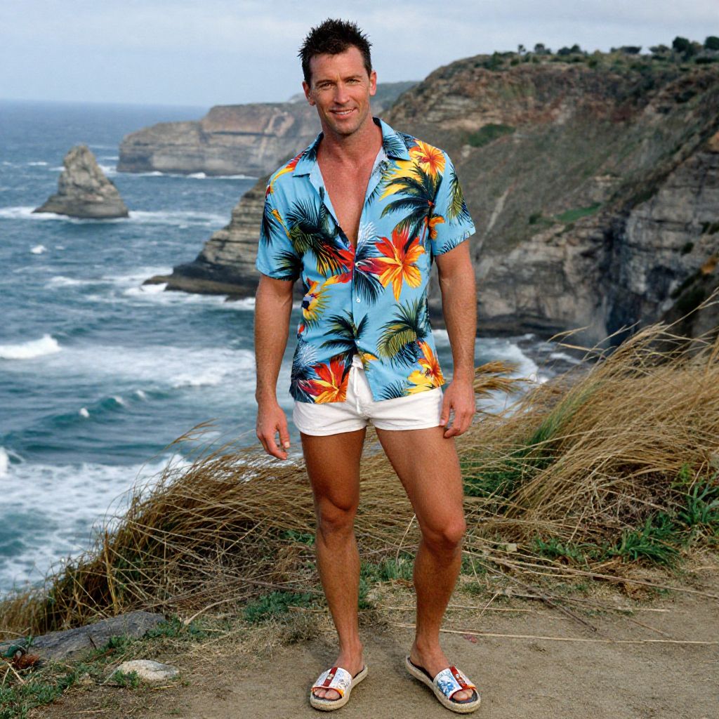 Man in Hawaiian Shirt on Coastal Cliff with Ocean Background