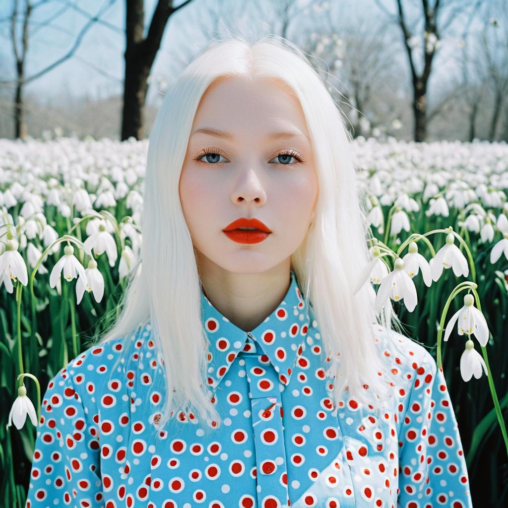 Portrait of Woman with Platinum Blonde Hair in Blue Polka Dot Shirt Among Snowdrop Flowers