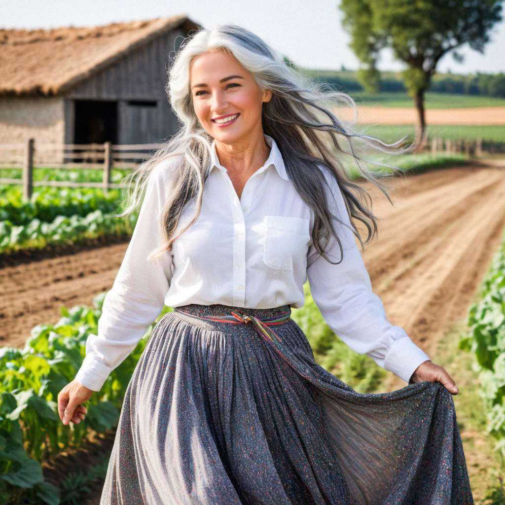 Joyful Woman in Green Farm