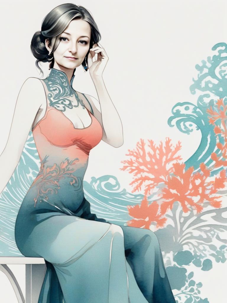 Elegant Woman in Coral and Turquoise Underwater Illustration Elegant Woman in Coral and Turquoise Underwater Illustration
