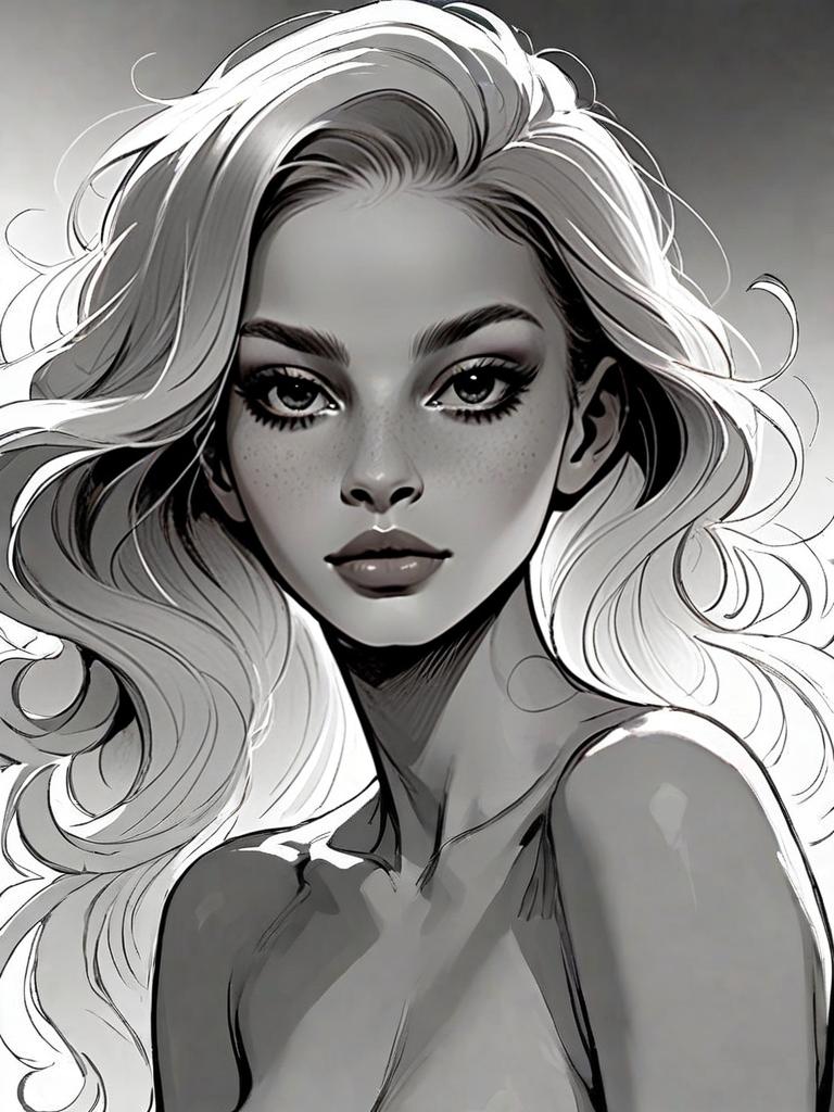 Black and White Digital Portrait of Woman with Flowing Hair