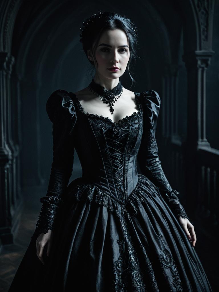 Elegant Woman in Gothic Gown with Cinematic Realism Portrait