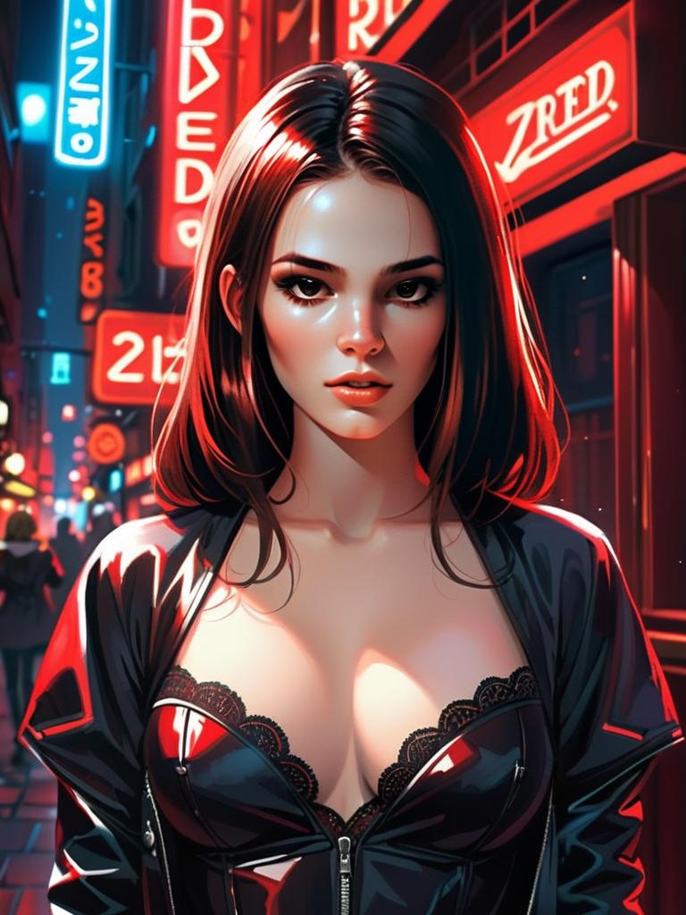 Cyberpunk Woman in Neon City Streets Digital Artwork