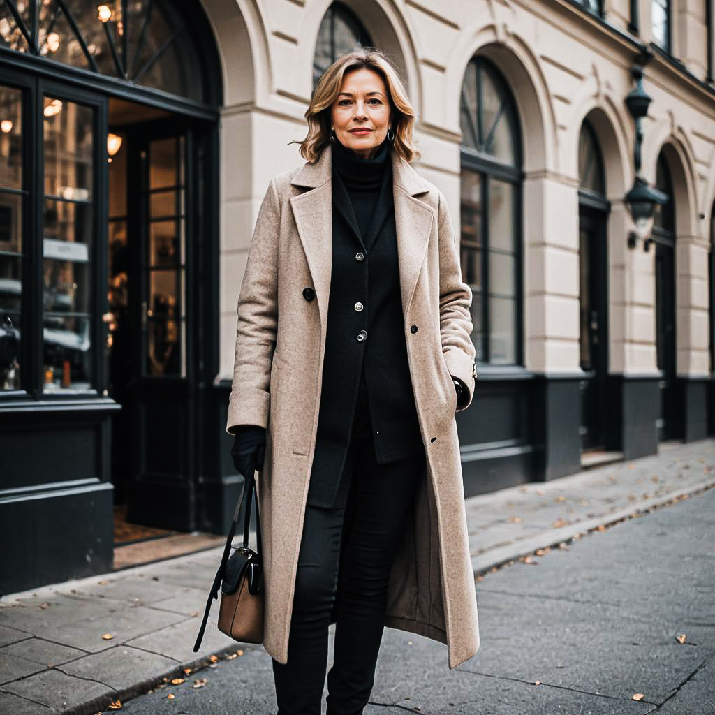 Stylish woman in beige coat on city street