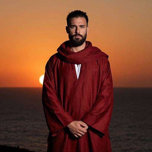 Man in Red Traditional Robe Posing at Sunset by Ocean