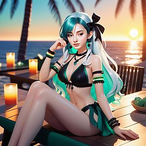 Woman with Teal Hair at Sunset by the Sea