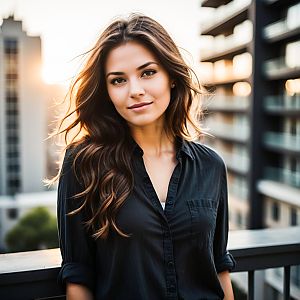 Confident Young Woman on Urban Balcony at Sunset