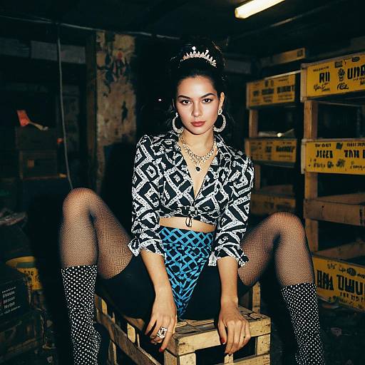 Stylish Woman in Urban Warehouse Setting with Bold Fashion and Jewelry