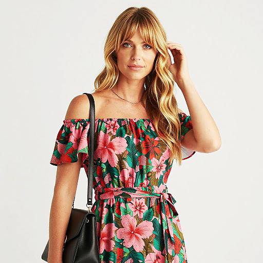 Woman in Off-Shoulder Floral Summer Dress with Black Shoulder Bag