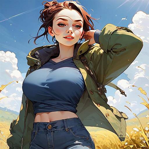 Anime Style Digital Artwork of Young Woman in Green Jacket Outdoors