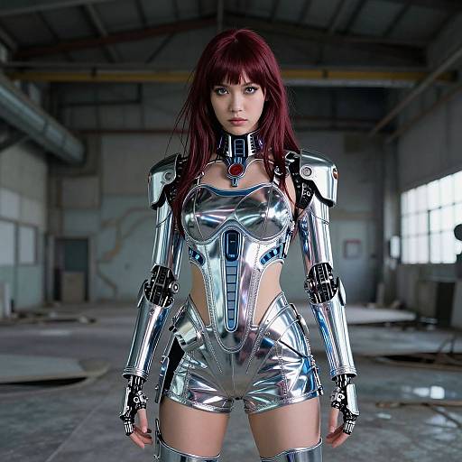 Futuristic Woman in Silver Cyborg Armor Costume