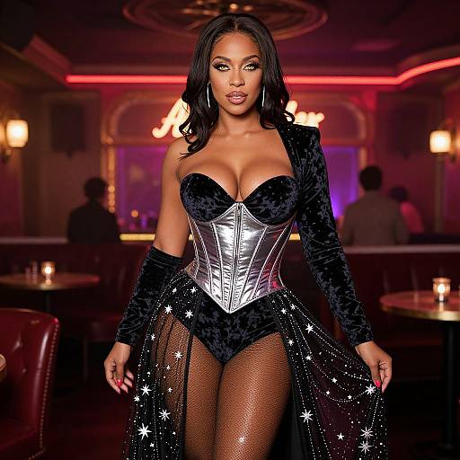 Glamorous Woman in Futuristic Silver Corset and Star-Patterned Black Velvet Outfit in Lounge