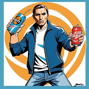 Confident man in blue jacket holding red and blue cans