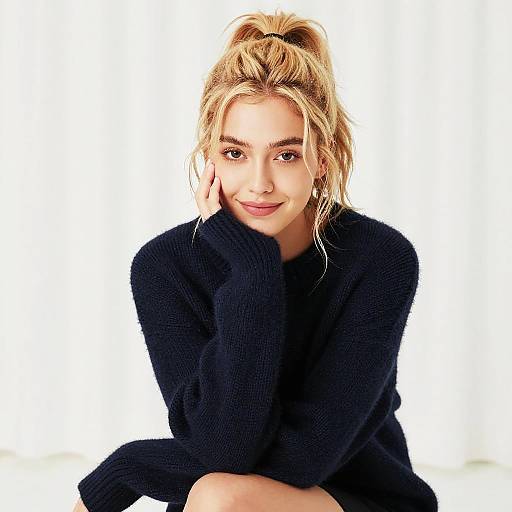 Blonde Woman in Cozy Dark Navy Sweater with High Ponytail