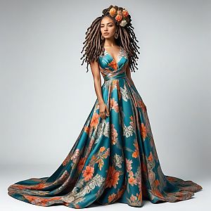 Confident Woman in Teal Gown with Dreadlocks and Flowers