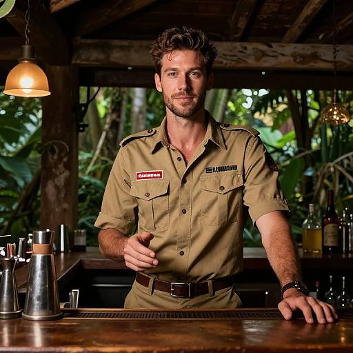 Man in Khaki Utility Shirt Behind Rustic Tropical Bar