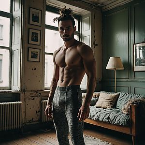 Muscular Man in Rustic Room with Natural Light