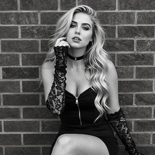 Stylish Blonde Woman in Black Dress and Lace Gloves Against Brick Wall