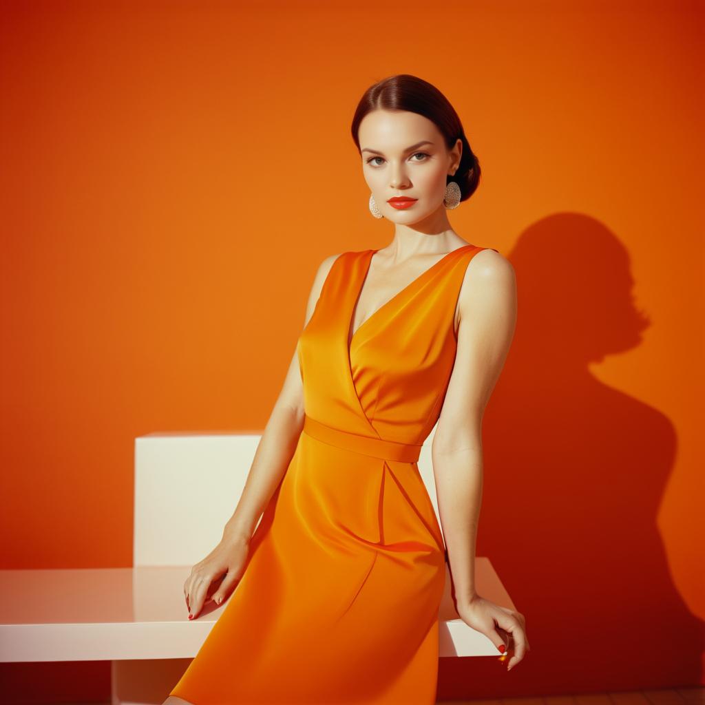 Elegant Woman in Orange Dress Against Vibrant Background