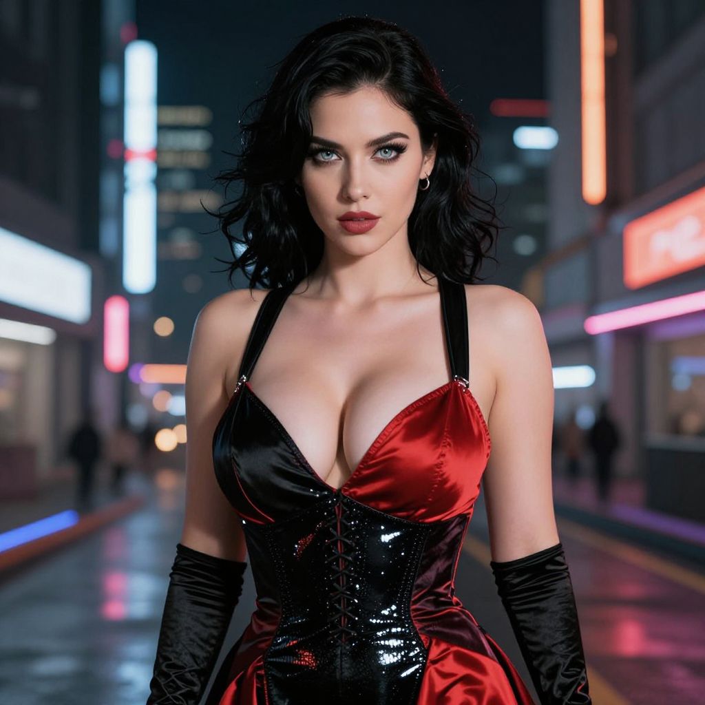 Woman in Black and Red Corset Dress with Neon City Lights