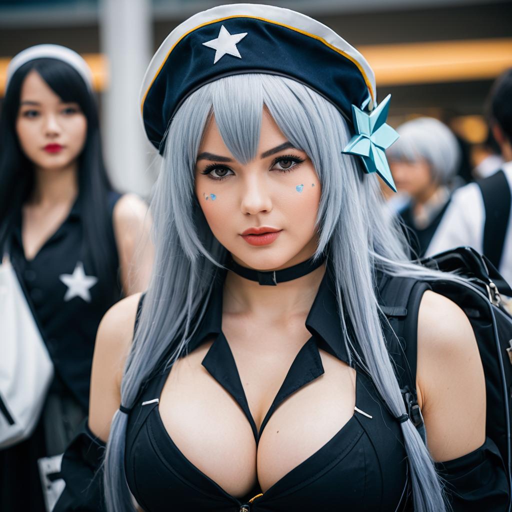 Frontline Cosplay Woman with Silver Hair and Star Hat in Realistic Style