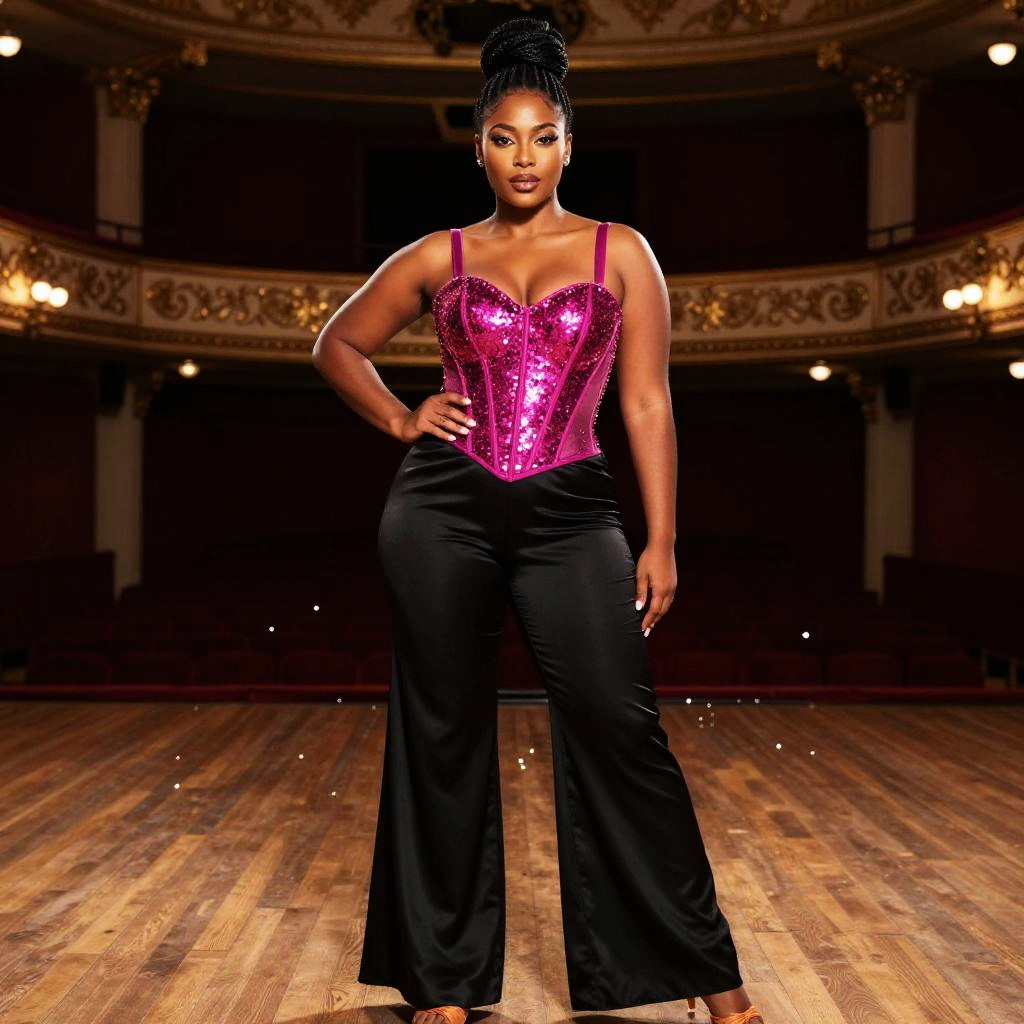 Confident Woman in Sparkling Pink Corset and Black Satin Pants on Theater Stage