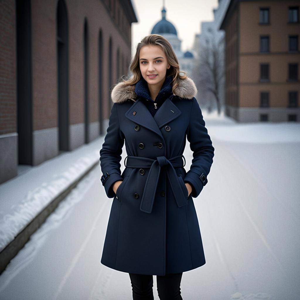 Stylish Woman in Blue Coat in Snowy Urban Setting