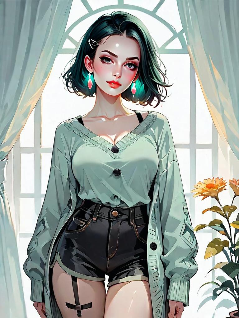 Stylish Woman in Mint Cardigan Realistic Anime Artwork Full Body
