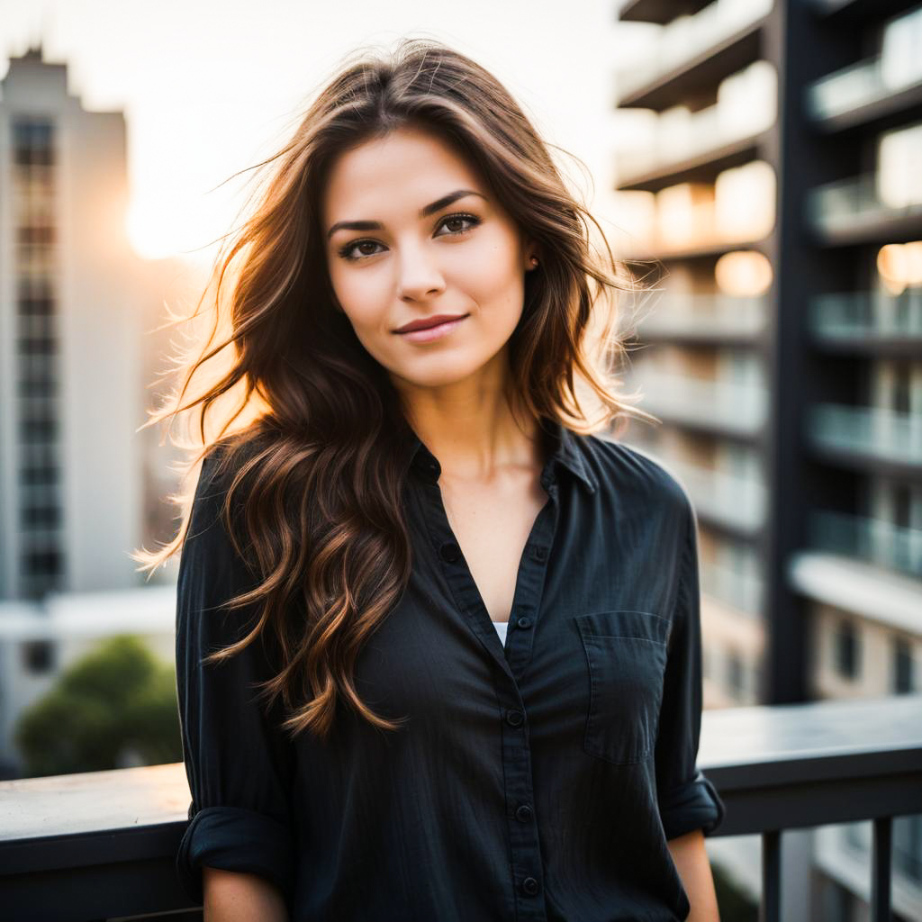 Confident Young Woman on Urban Balcony at Sunset Confident Young Woman on Urban Balcony at Sunset