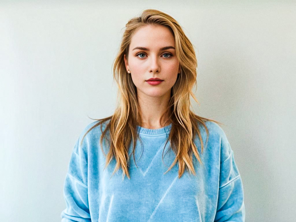 Portrait of a Woman with Blonde Hair in Blue Sweatshirt