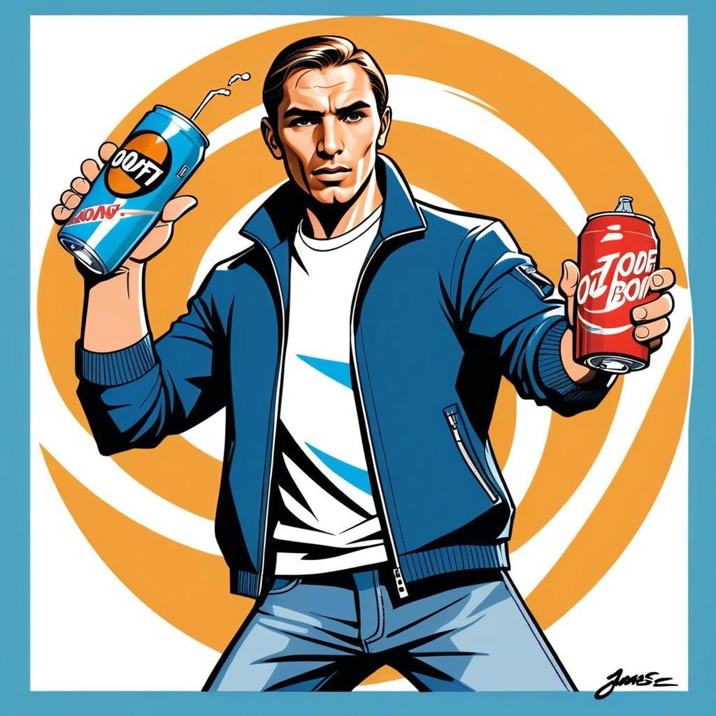 Confident man in blue jacket holding red and blue cans Confident man in blue jacket holding red and blue cans