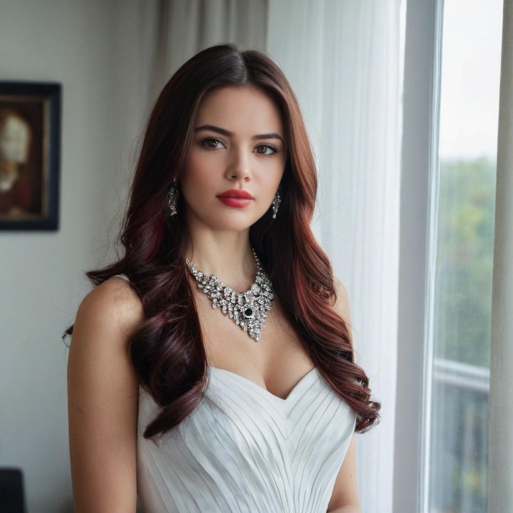 Elegant Woman in White Dress Wearing Statement Jewelry by Window