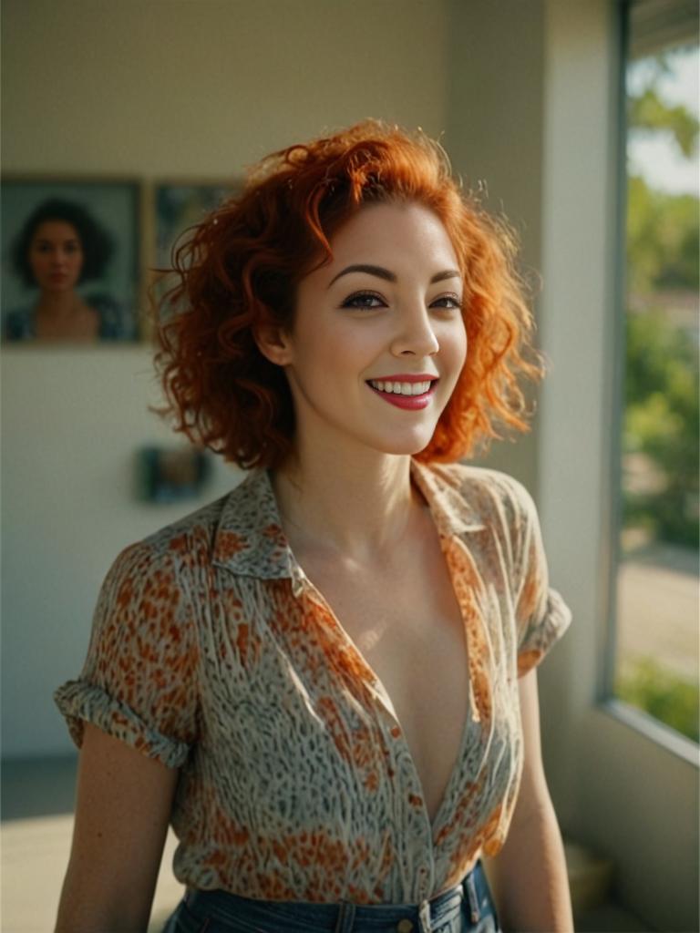 Woman with Red Curly Hair in Sunlit Room