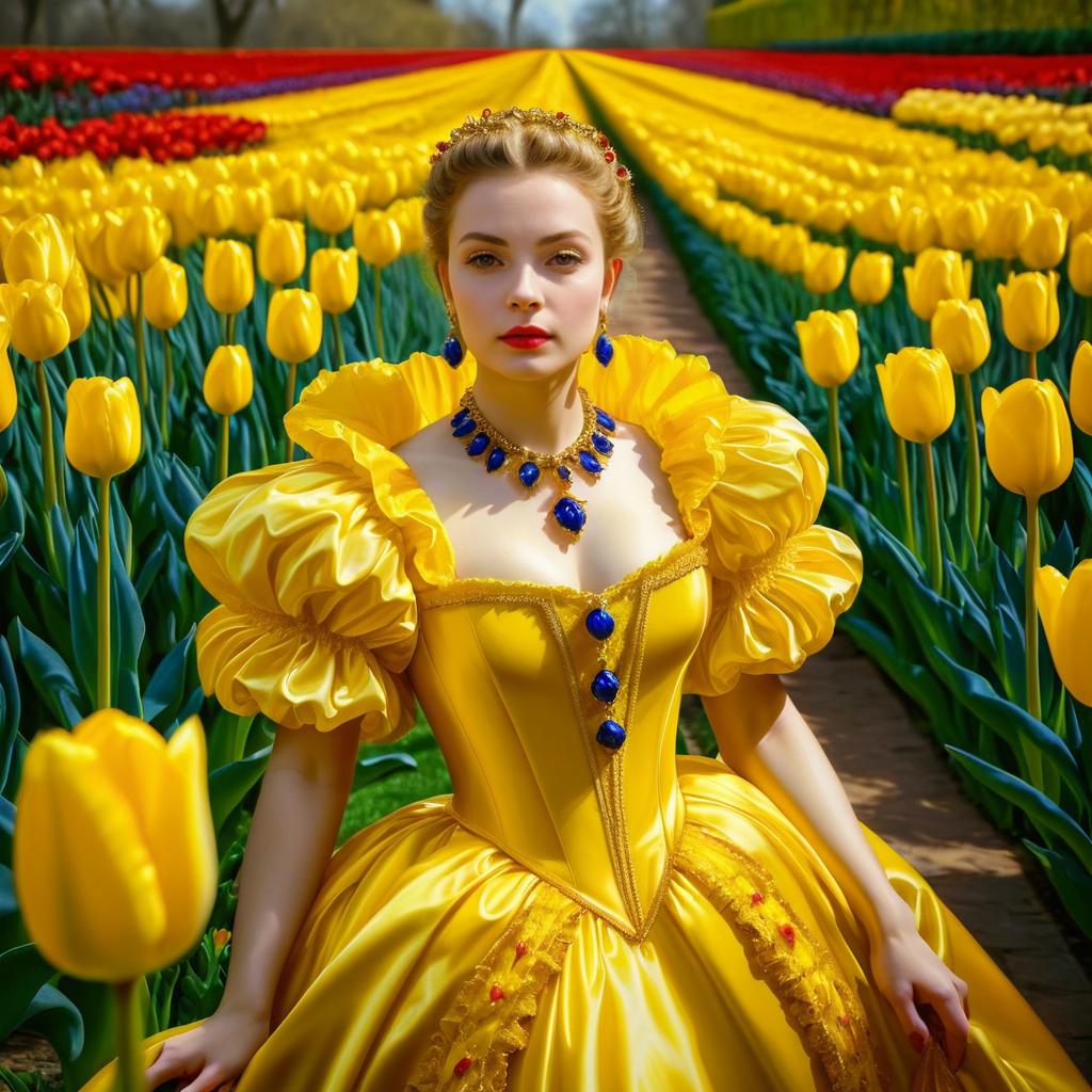 Woman in Yellow Gown Among Tulips