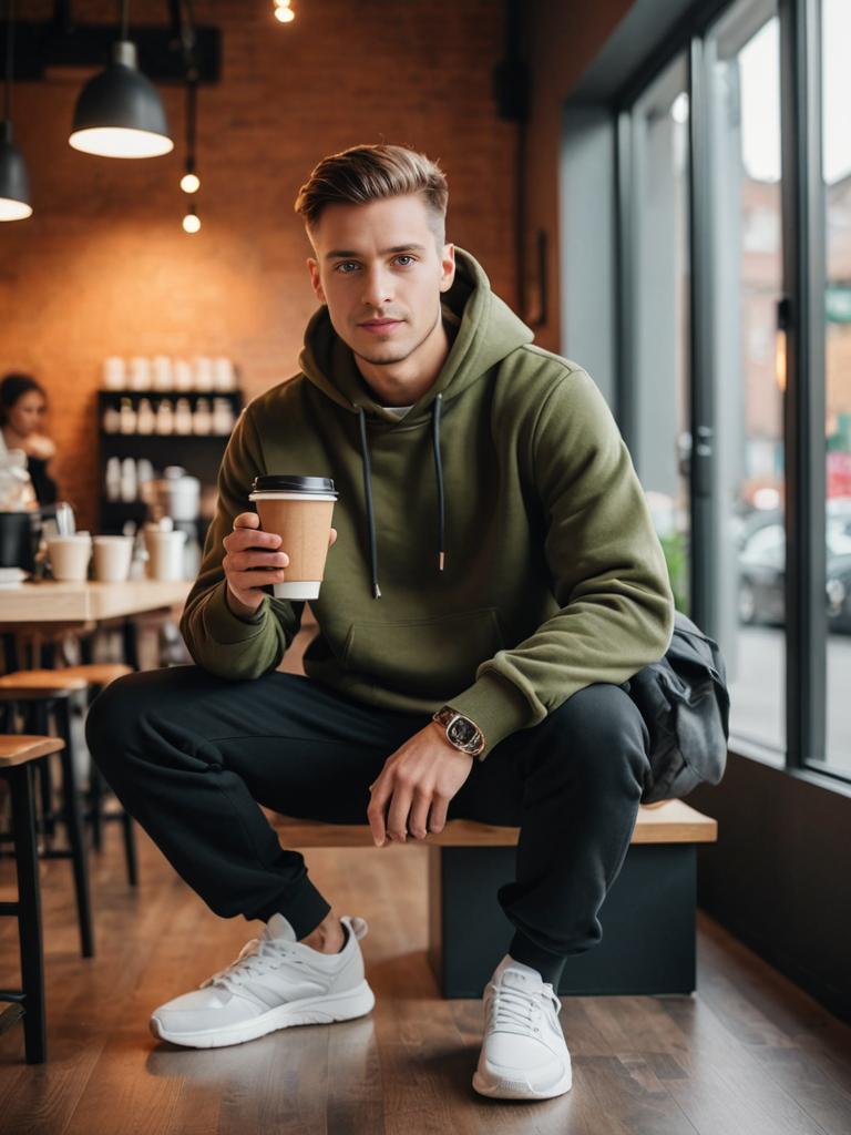 Casual Man Enjoying Coffee at Cozy Cafe