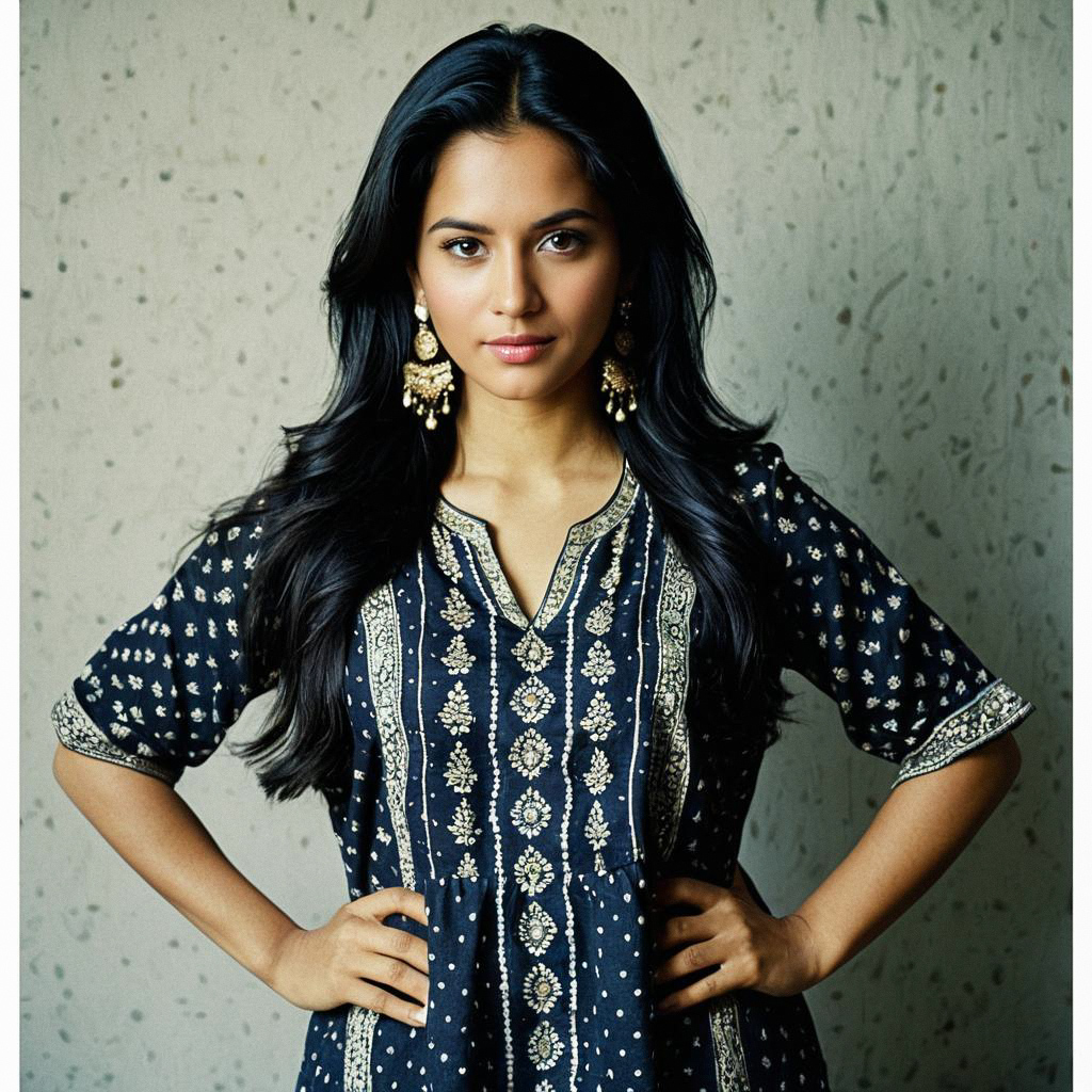 Confident Woman in Dark Blue Printed Kurta