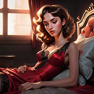 Elegant Woman in Red Lace Dress Reclining on Vintage Bed Digital Art