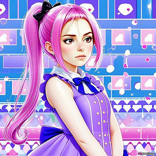 Momoyama Mirai Anime Girl with Pink Hair and Purple Dress Illustration