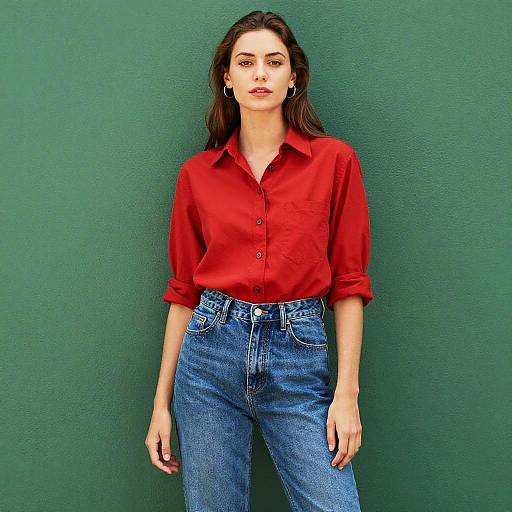 Retro Style Woman Wearing Red Button-Up Shirt and High-Waisted Jeans Against Green Wall