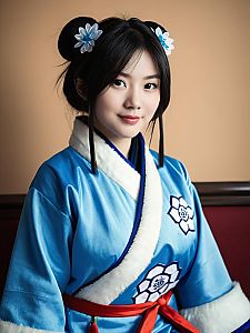 Realistic Mei-Ling Zhou Cosplay Featuring Woman in Blue Traditional Costume