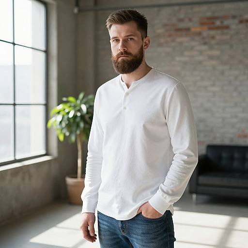 Bearded Man in White Henley Shirt Standing Indoors Industrial Loft