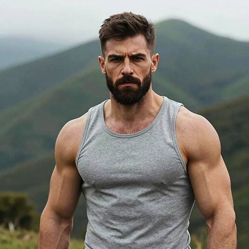 Muscular Man in Grey Tank Top Outdoors with Mountain Background