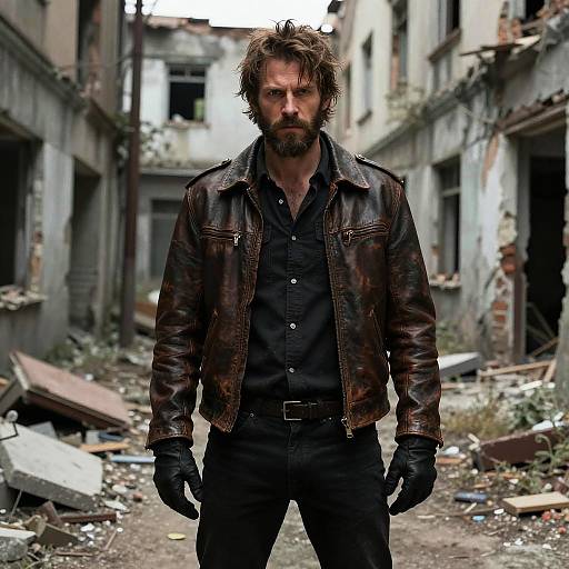 Rugged Man in Leather Jacket Standing in Abandoned Urban Ruins