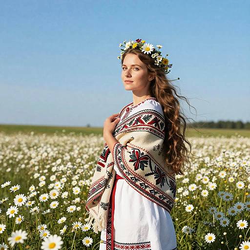 Young Woman in Traditional Eastern European Dress with Floral Crown in Daisy Field